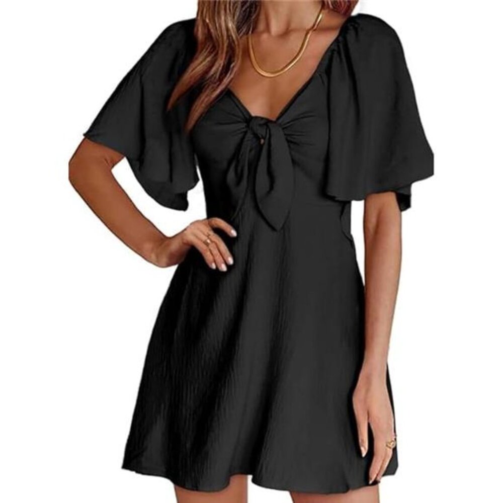 Women’s 2024 Fall/Summer Deep V‎ Neck Bow Tie Mini Dress - Elegant, Sizes S-XL